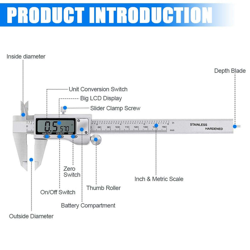 Digital Caliper Measuring Tool, Stainless Steel Vernier Caliper Digital Micrometer with Large LCD Screen, Easy Switch from Inch Metric Fraction, 6 Inch Caliper Tool for DIY/Household 20-F