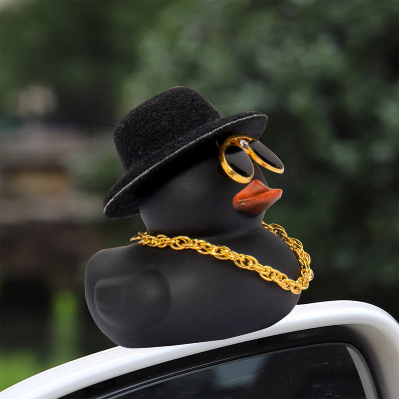 wonuu Car Dashboard Rubber Duck Ornament, Car Decoration Colour Ducks Accessories with Mini Hat Necklace and Sunglasses, M-Black-Top Hat