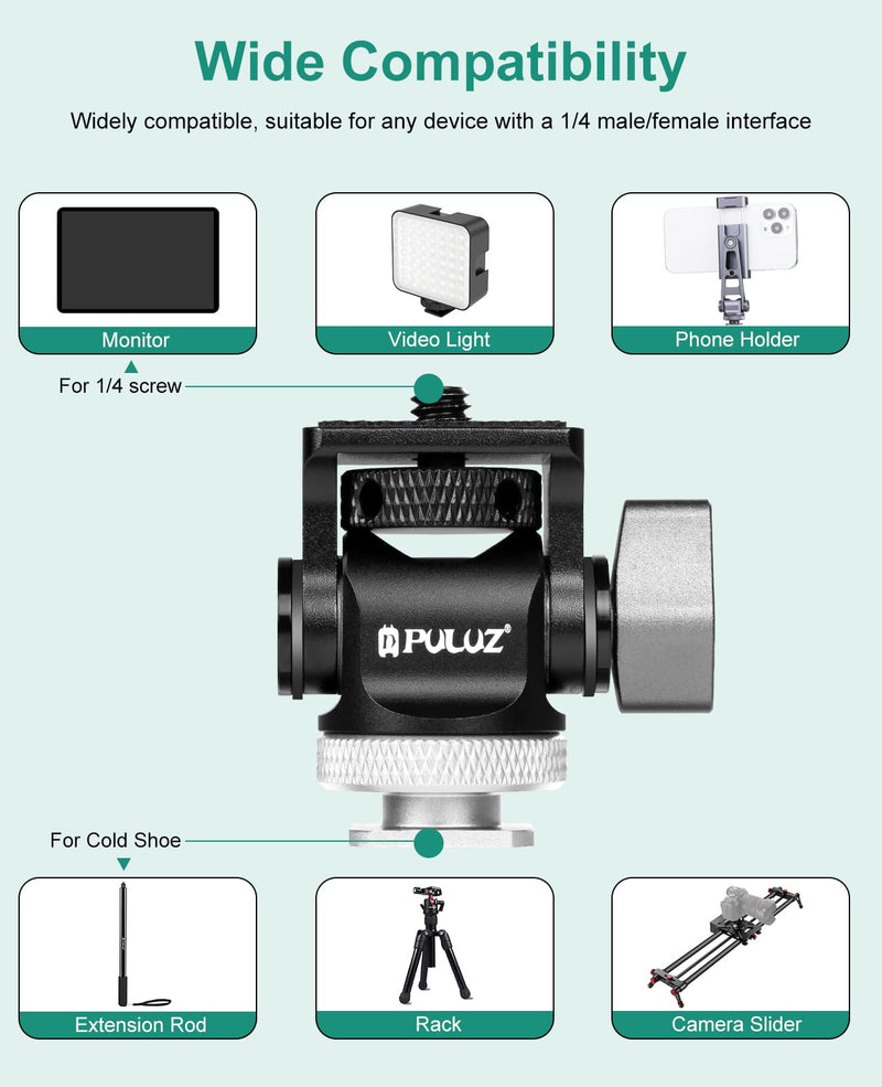 PULUZ Mini Camera Monitor Mount with Cold Shoe, Mount Adapter with 1/4" Screw 360° Swivel & Adjustable 180° Tilt Damping for Monitors, Video Recorders, Cameras and Other Equipment(Silver) Silver, Black