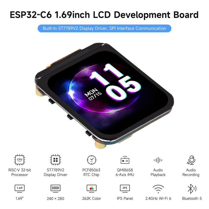Waveshare ESP32-C6 1.69inch LCD Development Board, 240×280 Pixels, Supports Wi-Fi 6 / BLE 5, 160MHz RISC-V Processor, AI Speech, ESP32 with Display, No Touch Function