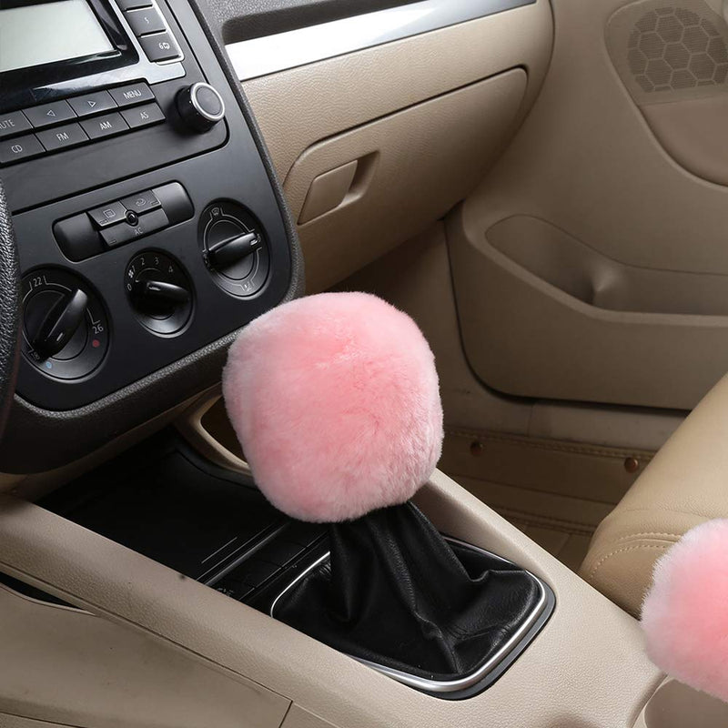 Fluffy Natural Fur Sheepskin Car Gear Shift Handle Level Stick Knob Covers for Automobile Selector Handball Collar, Handbrake Cover (Korean Pink) Korean Pink