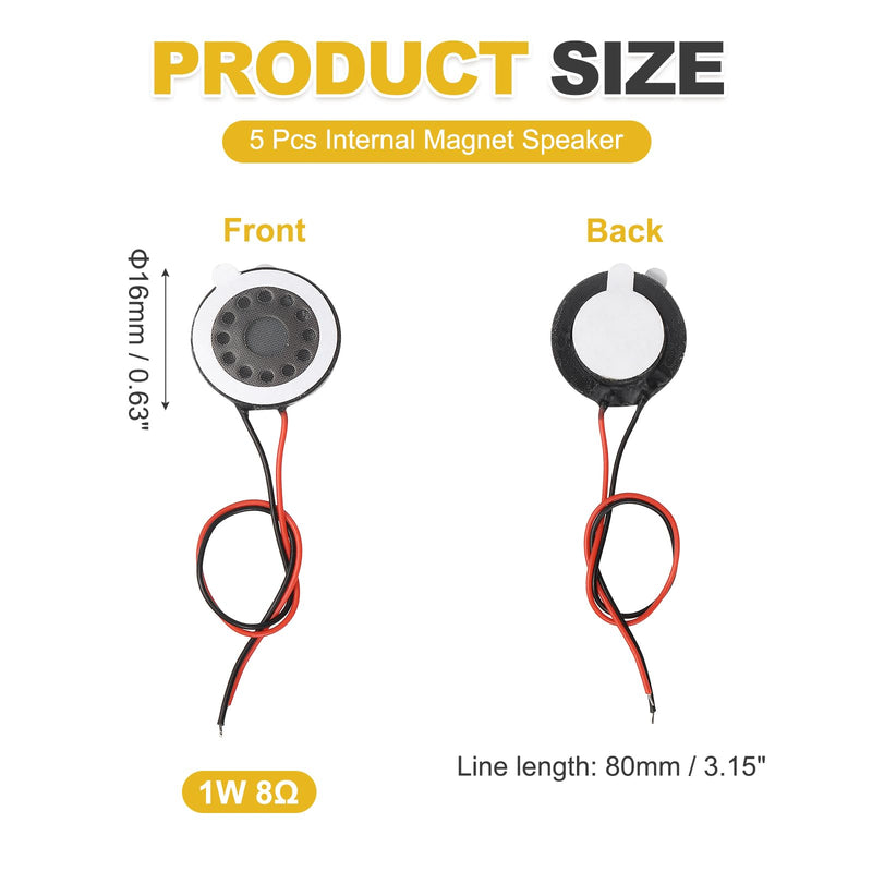 5pcs Internal Magnet Speaker (16mm / 0.6" Dia) - 1W 8 Ohm Round Internal Micro Magnet Loudspeaker with 80mm Terminal Wire for DVD EVD Mobile Portable Advertising Machine, Black 0.6" + 80mm Terminal 5