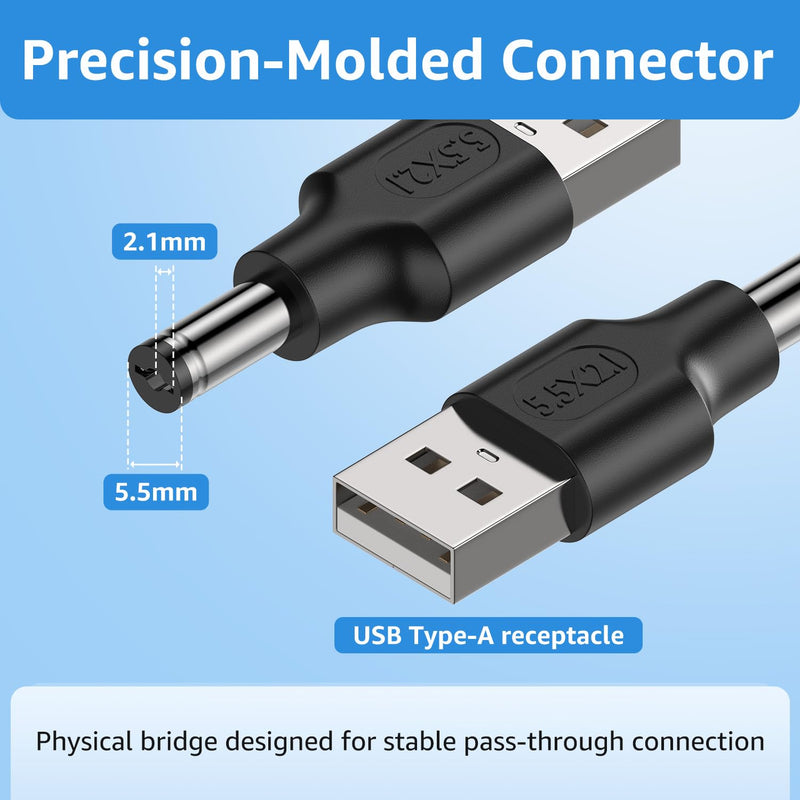 DC 5.5x2.1mm Male to USB-A Male Adapter, 6-Pack | For standard 5V electronics desktop setups, mini routers, small DIY projects, compatible USB hardware connections Black Dc male to Usb male