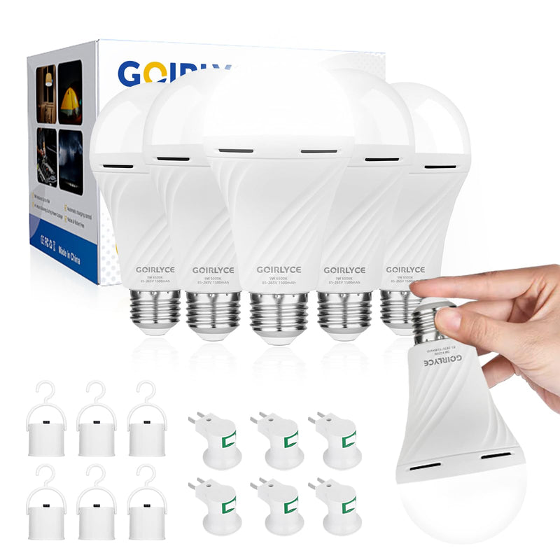 6 Pack Rechargeable Emergency Light Bulbs, Battery Powered LED Light Bulb with Daylight 9W E26 6500K 1500mAh for Home Power Outage Hurricane Blizzard Hiking Camping 6-pack Cool White