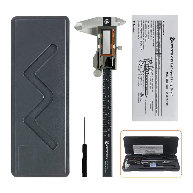 KETOTEK Digital Caliper Measuring Tool, IP54 Waterproof Stainless Steel Electronic Vernier Caliper 6 Inch/150mm Digital Micrometer with Large LCD Screen Black