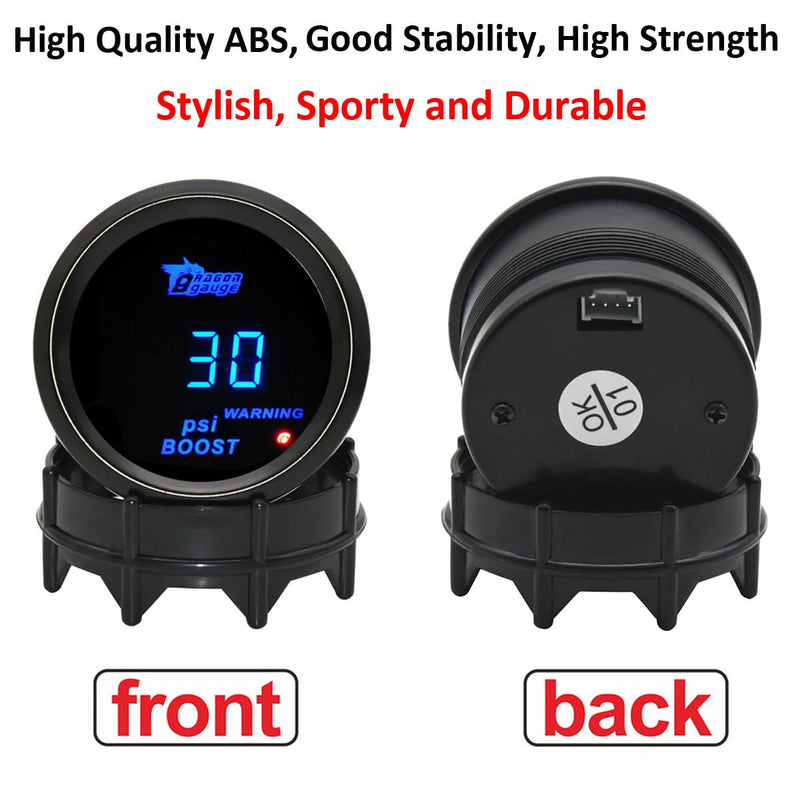 Car Boost Gauge 12V Auto Boost Psi Gauge 2" 52mm Turbo Boost Gauges Meter Digital Blue Light Instruments -30-0 - 30 Psi Smoke Tint Len with Sensor Blue Light Boost Gauge Psi