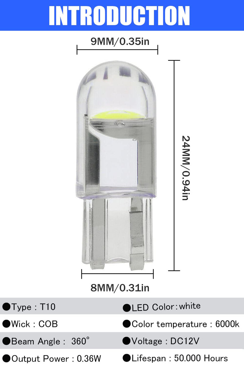 194 LED Light Bulb White 6000K Pack of 10, 168 2825 W5W T10 Wedge COB LED Replacement Bulbs Error Free for Car Dome Map Door Courtesy License Plate Lights