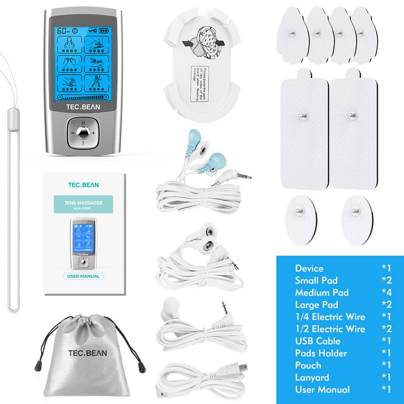 24 Modes Tens Unit Muscle Stimulator, Rechargeable Tens Machine with 8 Electrode Pads (American Gel), Electric Pulse Massager for Pain Relief Therapy(Silver) A-silvera