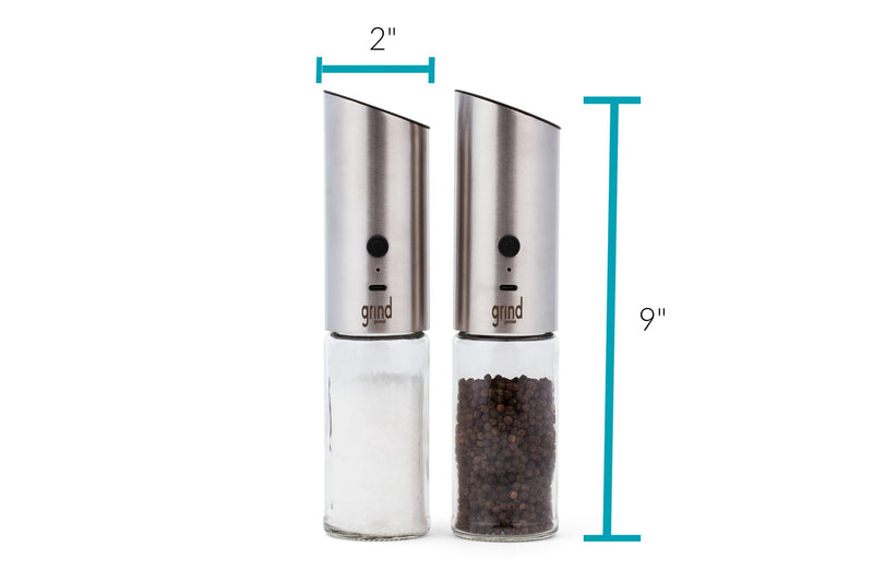Grind Gourmet Automatic Electric Salt or Pepper Grinder Mill, USB Rechargeable, Adjustable Coarseness, One-Handed Operation, Stainless Steel