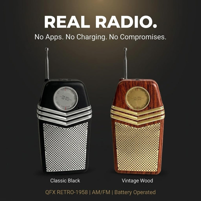 QFX Retro Portable Transistor Pocket AM FM Radio, RETRO-1958, Wood | Telescoping Antenna, High-Fidelity Speaker, Headphone Jack, Battery Operated, Classic 1950s Design