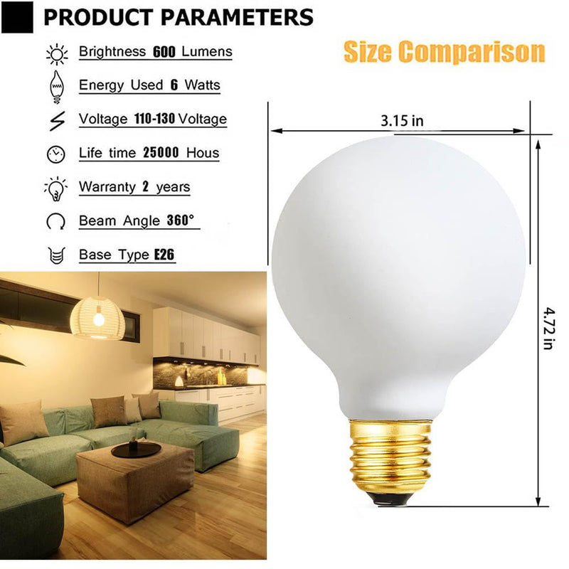 G25 LED Light Bulb E26 Base Matt Opal Porcelain Soft White 3000K Dimmable Edison 6W Led Globe Bulb,600LM,60 Watt Equivalent,Outside Frosted Glass,G80 Vintage LED Edison Globe Light Bulb,4 Pack.