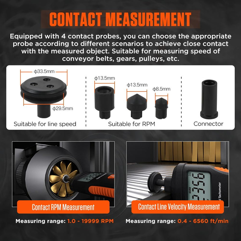 Tachometer Contact & Non-contact Digital Tachometer 4 Test Mode Laser Photo Tachometer 1.0～99999RPM High Accuracy RPM Tachometer with 4 Contact Probes, Backlit Display, Data Memory/Hold,Auto Power Off