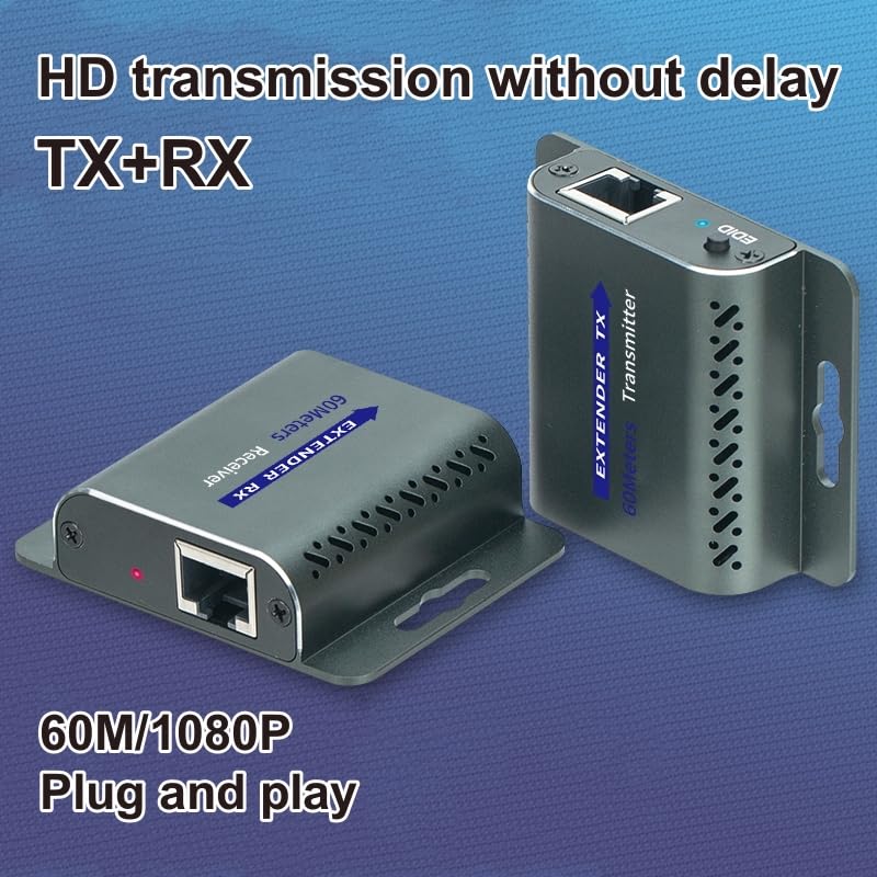 HDMI Extender Over Ethernet, HDMI Over cat6/cat5e, 1080P@60Hz up to 200FT HDMI to RJ45 Converter with POC & EDID Copy,by UTP Cat5e/6/7 OFC Cable, Plug and Play with 5V Power Adapter HD EXTENDER 60M
