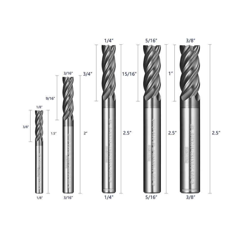 Tools Carbide End Mills Set, TiAlCN Coating, CNC Mill Bits for Steel Materials,4 Flute Solid Carbide Square End Mills (1/8" 3/16" 1/4" 5/16" 3/8" 5Pcs) SET GSUS 1/8" 3/16" 1/4" 5/16" 3/8" 5Pcs