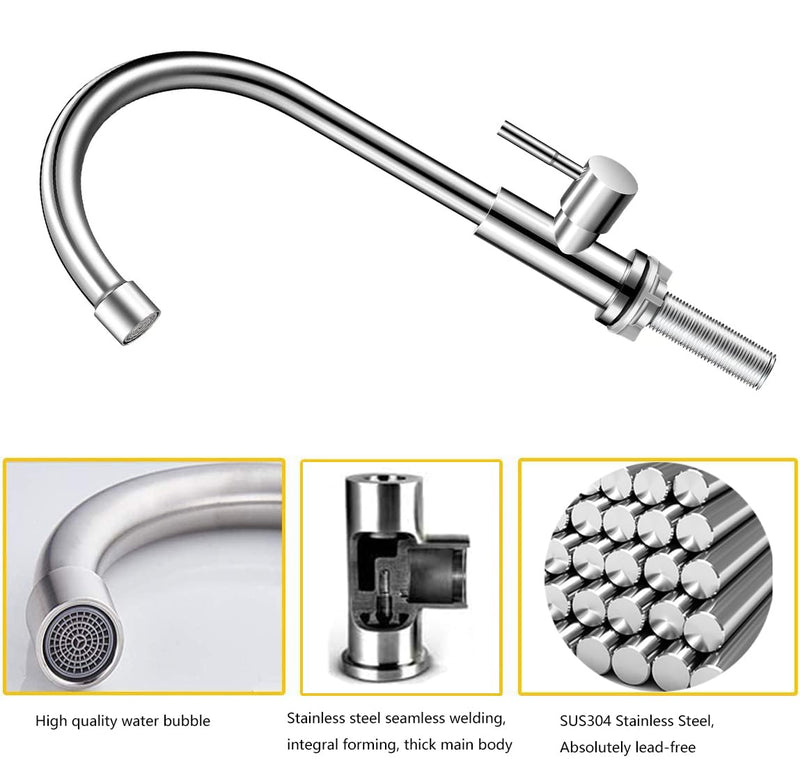 Brushed Nickel Cold Water Faucet Only,Single Handle Single Hole SUS304 Stainless Steel Cold Water Faucet for Kitchen.Outdoor(Stainless Steel nut, Longer Threaded Rod) Upgraded