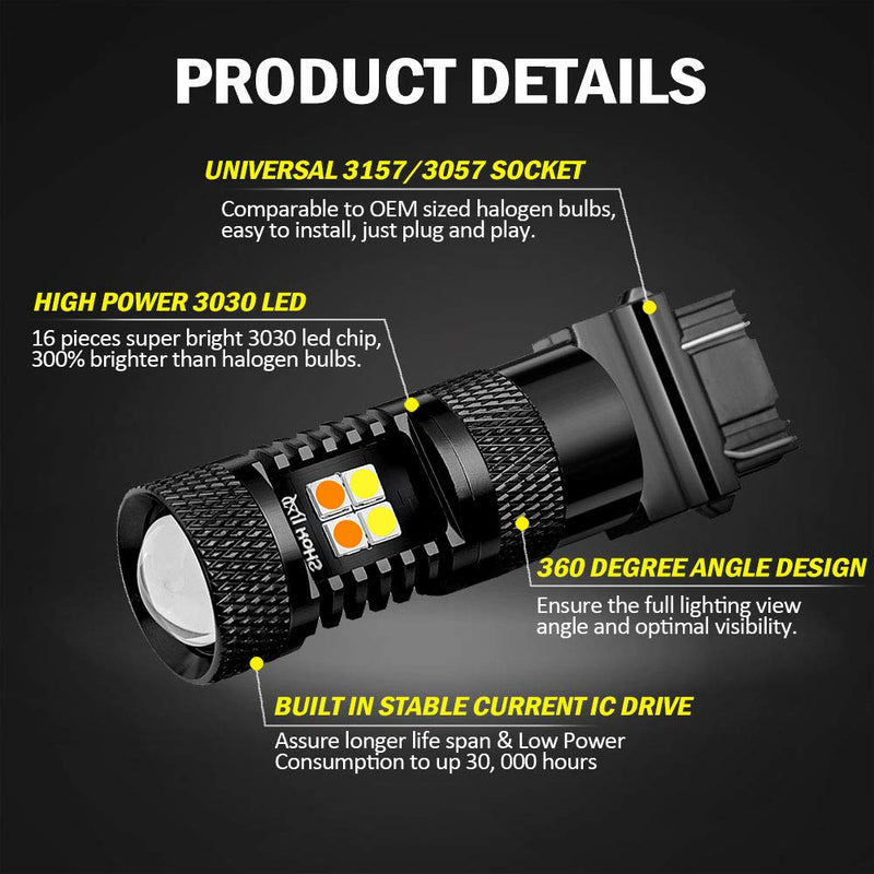 AUXLIGHT 3157 3057 4157 3155 3457 Switchback LED Bulbs 16SMD Chipsets Parking Lights/Daytime Running Lights/DRL and Turn Signal Lights with Projector replacement, White/Amber (Pack of 2)