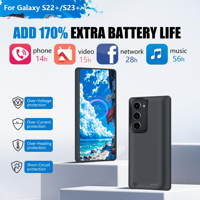 [Upgraded Battery Case for Samsung Galaxy S23+ / S22+, 10000mAh Rechargeable Extended Battery Charging Charger Case, Add 170% Extra Juice (6.6 Inches) Black