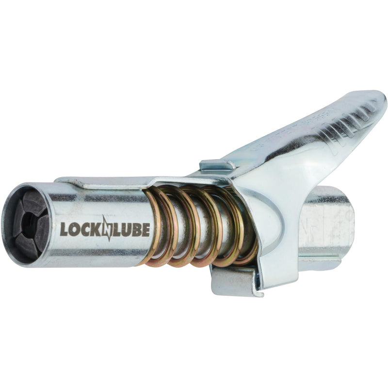 LockNLube Grease Gun Coupler locks onto Zerk fittings. Grease goes in, not on the machine. World's best-selling original locking grease coupler. Rated 10,000 PSI. Long-lasting rebuildable tool. NPT With Spare Rebuild Kit