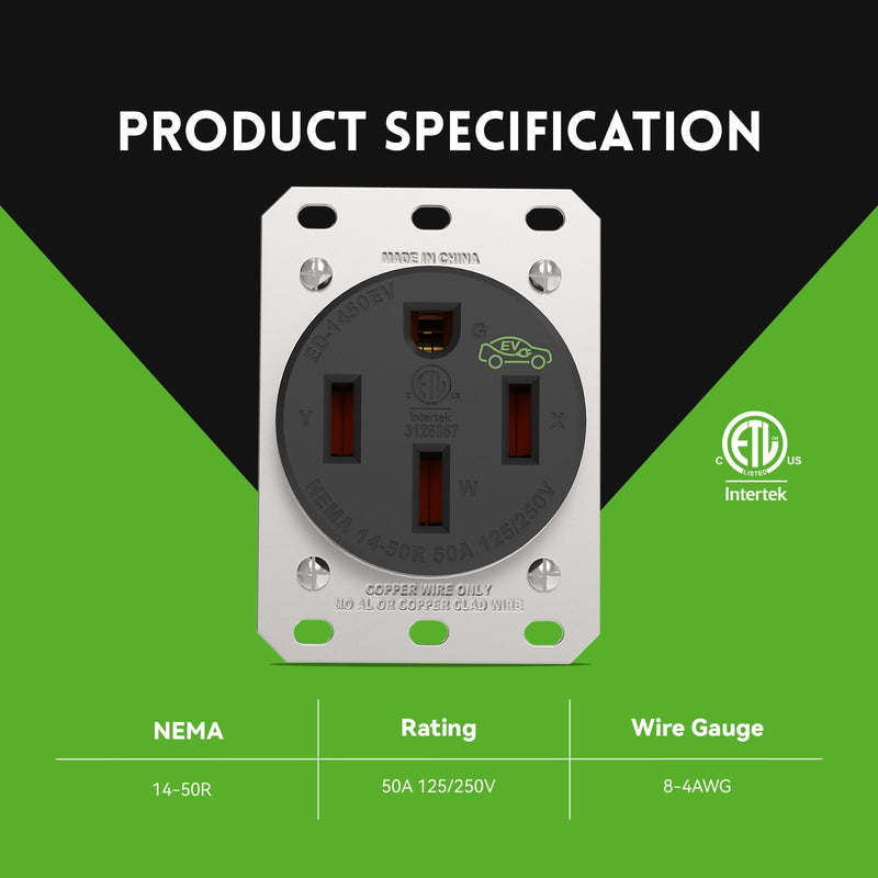 PLUGTUL NEMA 14-50R Outlet - 50AMP EV Charging Receptacle with Wall Plate, Straight Blade, Industrial Grade, 3-Pole 4-Wire, 50A 125/250V, 14-50R, ETL Listed