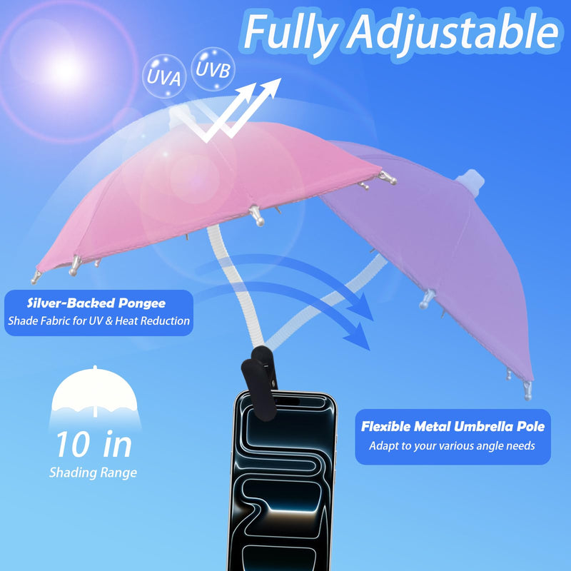 2Pcs Phone Umbrella for Sun, Umbrella for Phone Sun Shade with Adjustable Angle & Clip On Design, Compatible with iPhone & Android for Pool Beach Outdoor Blackout Anti-Glare Pink & Blue