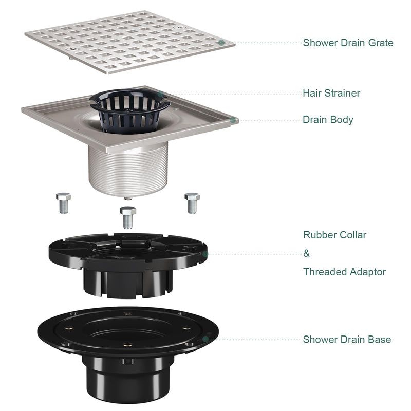 4 Inch Shower Floor Drain with Flange - Square Shower Drain with Hair Strainer - Removable Grid Strainer Cover - SUS304 Stainless Steel - Brushed Nickel