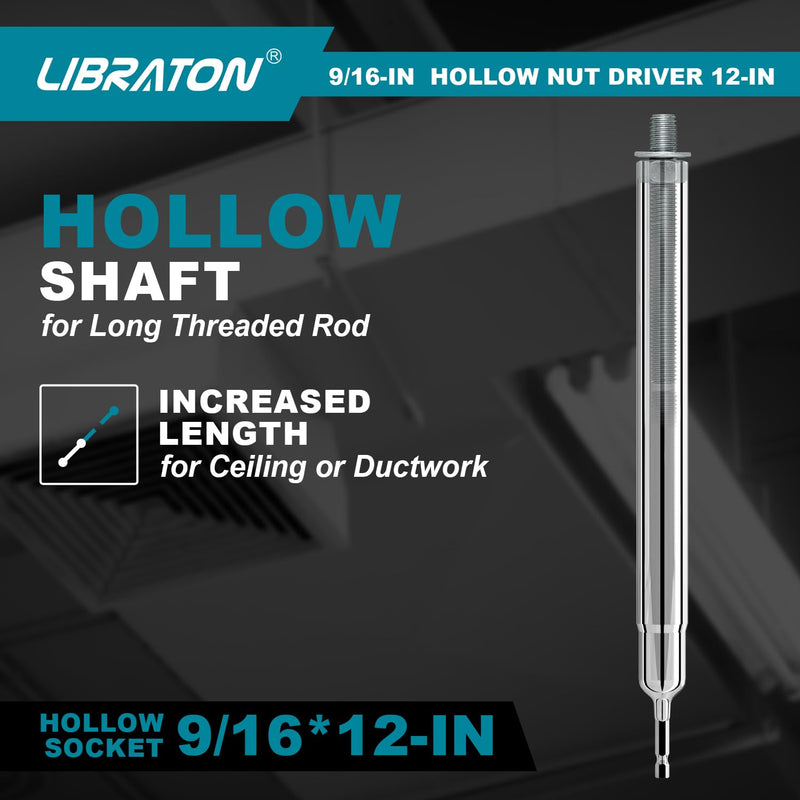 Libraton Hollow Nut Driver, Power Nut Driver Set 9/16", 12 inch Long with 1/4" Hex Shank 12-inch long 9/16-inch