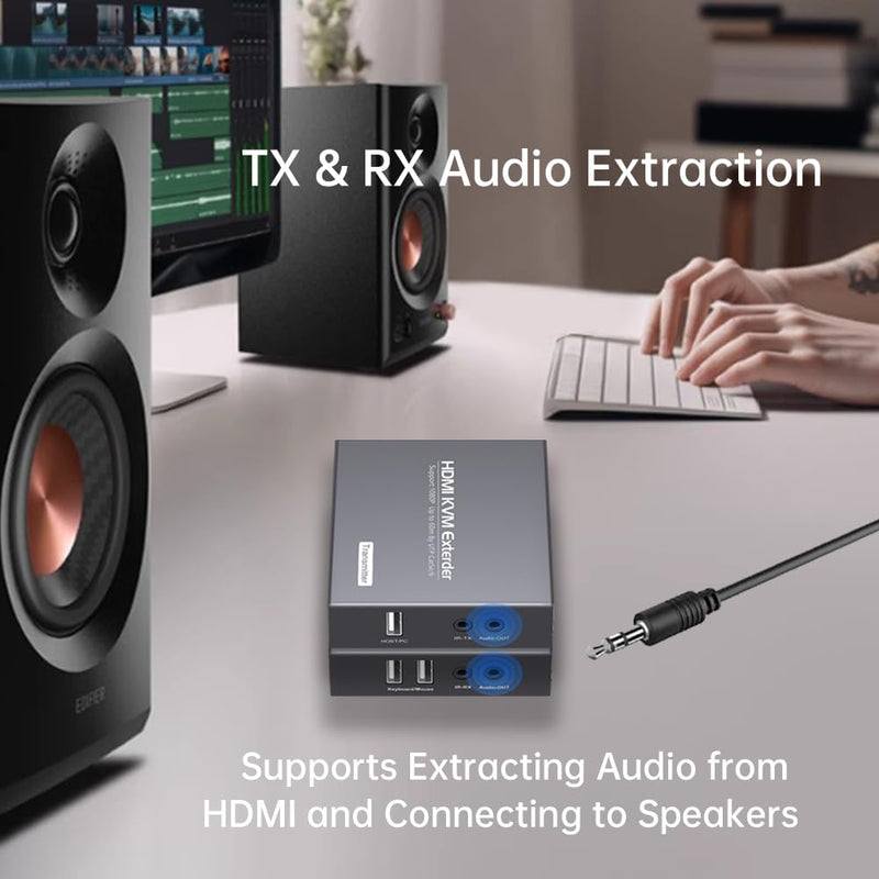 HDMI KVM Extender Over Cat5e/6 1080P Transmits Up to 196ft/60m, with 2 USB Ports Supports Mouse and Keyboard Remote Control, Feature Audio Extractor Function