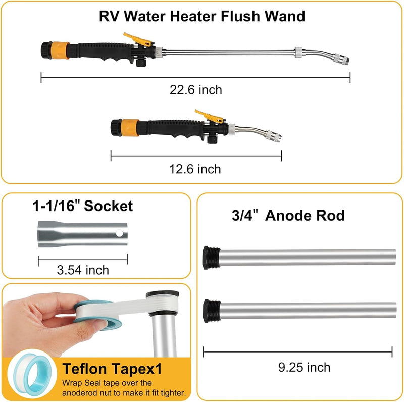 RV Water Heater Anode Rod & RV Water Heater Flush Wand, 9.25"L x 3/4" NPT Magnesium Rod for Suburban (Flush Wand & 2Pack Anode Rod) Flush Wand & 2Pack Anode Rod