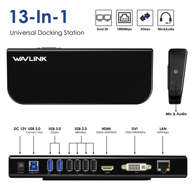 WAVLINK USB Laptop Docking Station Dual Monitors, DisplayLink Computer Dock for M1 M2 Mac and Windows, ChromeOS, Ubuntu 20.04/22.04 (HDMI & HDMI/DVI/VGA, 6xUSB Ports, LAN, Audio) Black