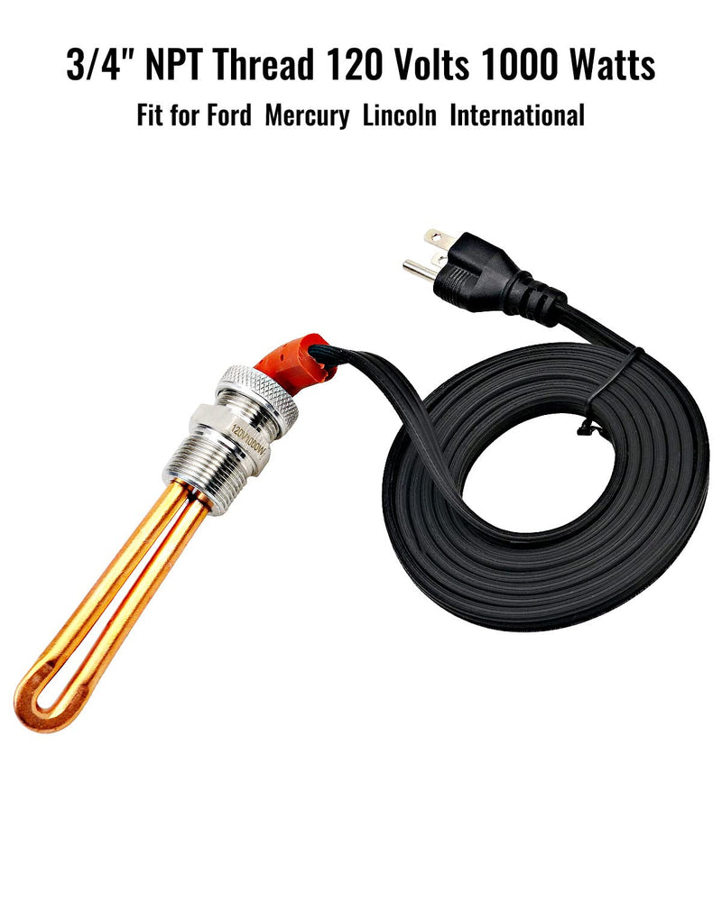 Engine Block Heater Replace 3500043 Fit for Ford Mercury Lincoln International Caterpillar Detroit Diesel Hino Mack Nissan, 3/4" NPT Thread 120 Volts 1000 Watts