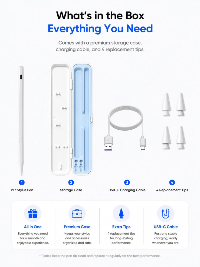 Stylus Pen for iPad with Battery Display & Dual Shortcut Buttons, Palm Rejection, Tilt Sensitivity, Magnetic Attachment, USB-C Fast Charging, Compatible with iPad Pro/Air/Mini 2018-2026 - White