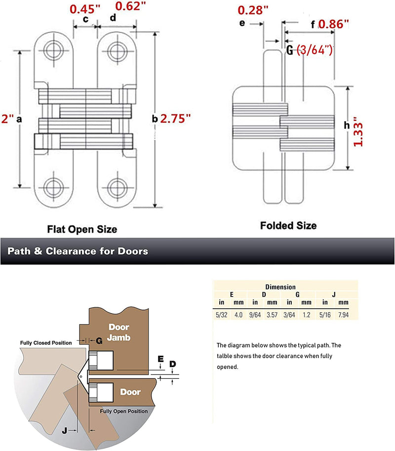 2pair (4pcs) 2-3/4" Black Hidden Hinges Stainless Steel Invisible Door Hinges Concealed Barrel Wooden Box 2-3/4"