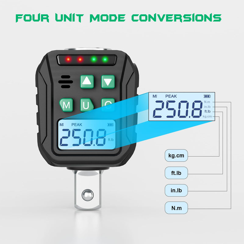 1/2-Inch Digital Torque Adapter, 12.54-250.8 Ft.lb/17-340 N.m, Electronic Torque Wrench Converter with ±2% Accuracy, Preset Function, Data Storage, 3/8” & 1/4” Adapter for Bike, Moto, Car 1/2-Inch 12.5-250.8 Ft-lb/17-340 Nm