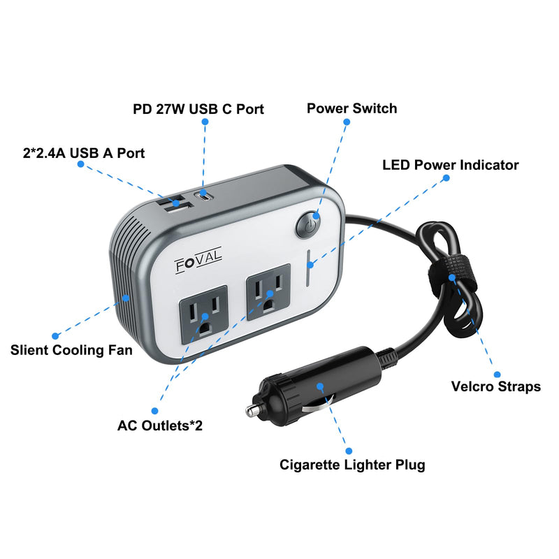 FOVAL 200W Car Power Inverter, DC 12V to 110V AC Car Laptop Charger Fast Charger Converter with [27W PD USB-C] & Dual USB Ports Multi-Protection Car Outlet Adapter Power Inverter for Vehicles