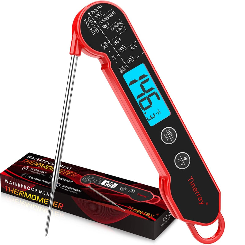  [AUSTRALIA] - Digital Meat Thermometer for Cooking – Waterproof Instant Read Food Thermometer with Backlight & Calibration, Fast Read, Folding Probe for BBQ, Grill, Candy, Deep Fry, Kitchen, Liquids, Beef（Red） Red