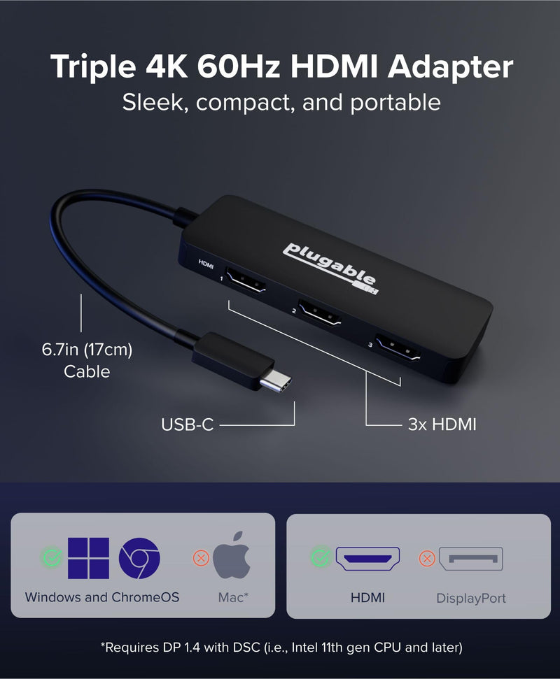 Plugable USB C to HDMI Multi Monitor Adapter | Triple 4K60 Displays | Driverless MST Hub for Windows, Chrome OS, USB-C, Thunderbolt, USB4 Laptops | Multi HDMI Ports, HDR & HDCP Compliant (USBC-MSTH3)
