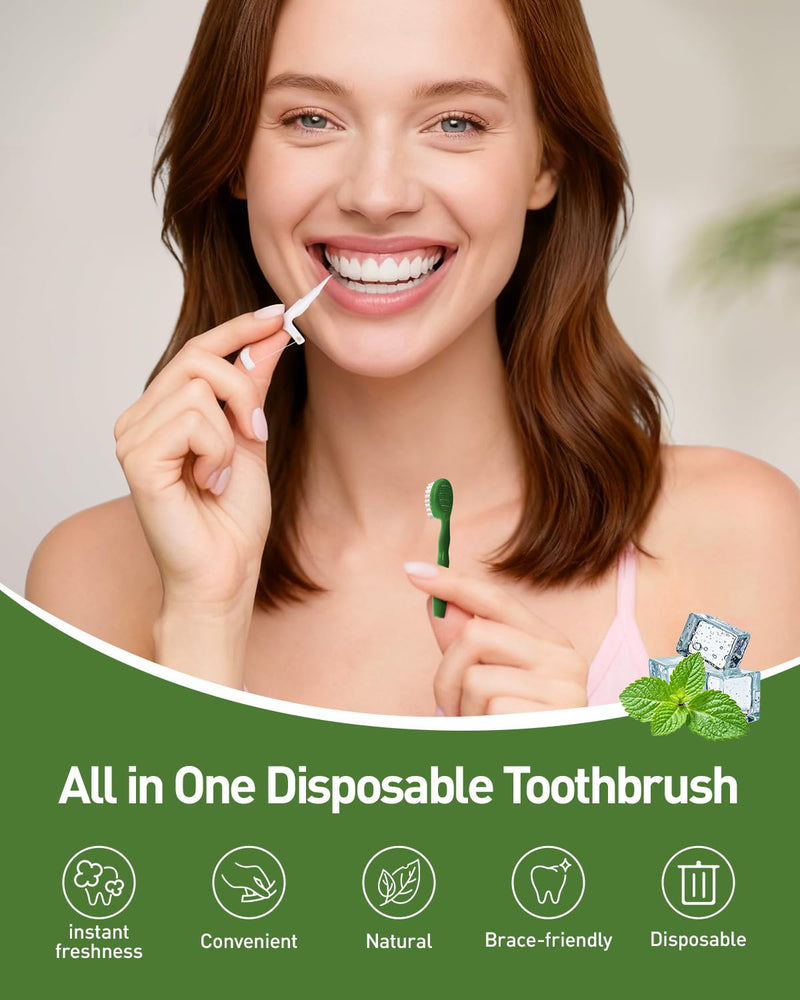 Disposable Mini Travel Toothbrush Bulk with Toothpaste 5in1 60Ct Portable Toothbrushes Set Floss Pick Tongue Scraper Cruise and Travel Essentials (Green) Green