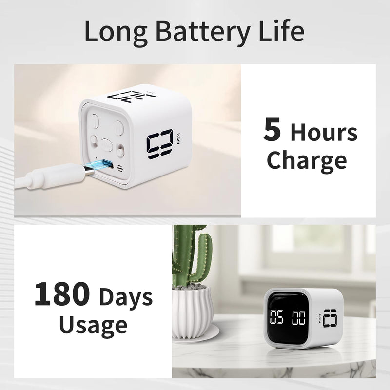Productivity Timer Flip Gravity Sensor Cube Timer Countdown & Countup,Mute & Vibrate & Sound，5/10/30/60min & Custom Timing, Perfect for ADHD,Work,Learning,Kitchen Cooking White 2