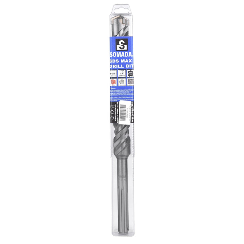 SOMADA 1-3/8-Inch x 15-Inch SDS MAX Long Drill SDS-MAX Rotary Hammer Drill Bit 4-Cutter Carbide Tip for Concrete, Brick, Stone and Masonry Drilling 1-3/8"x15"