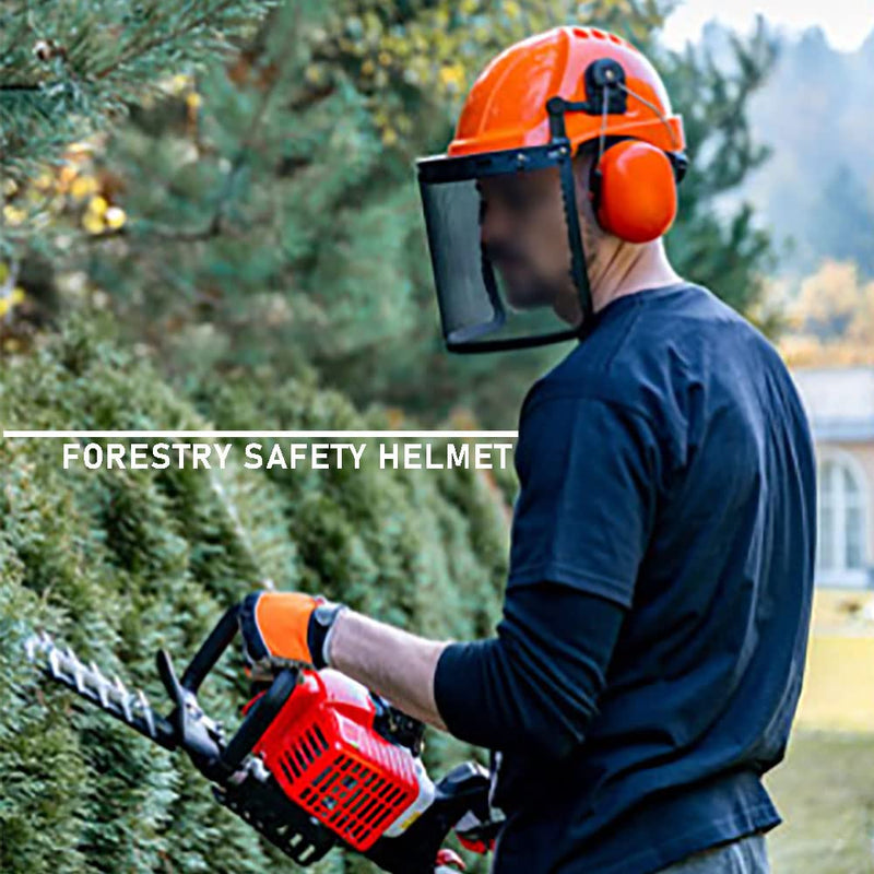 GardenPal Industrial Forestry Safety Helmet and Hearing Protection System, with Mesh Face Protection, Safety Helmet with Ear Muffs, Chainsaw Helmet, Chainsaw Face Shield, (Orange)