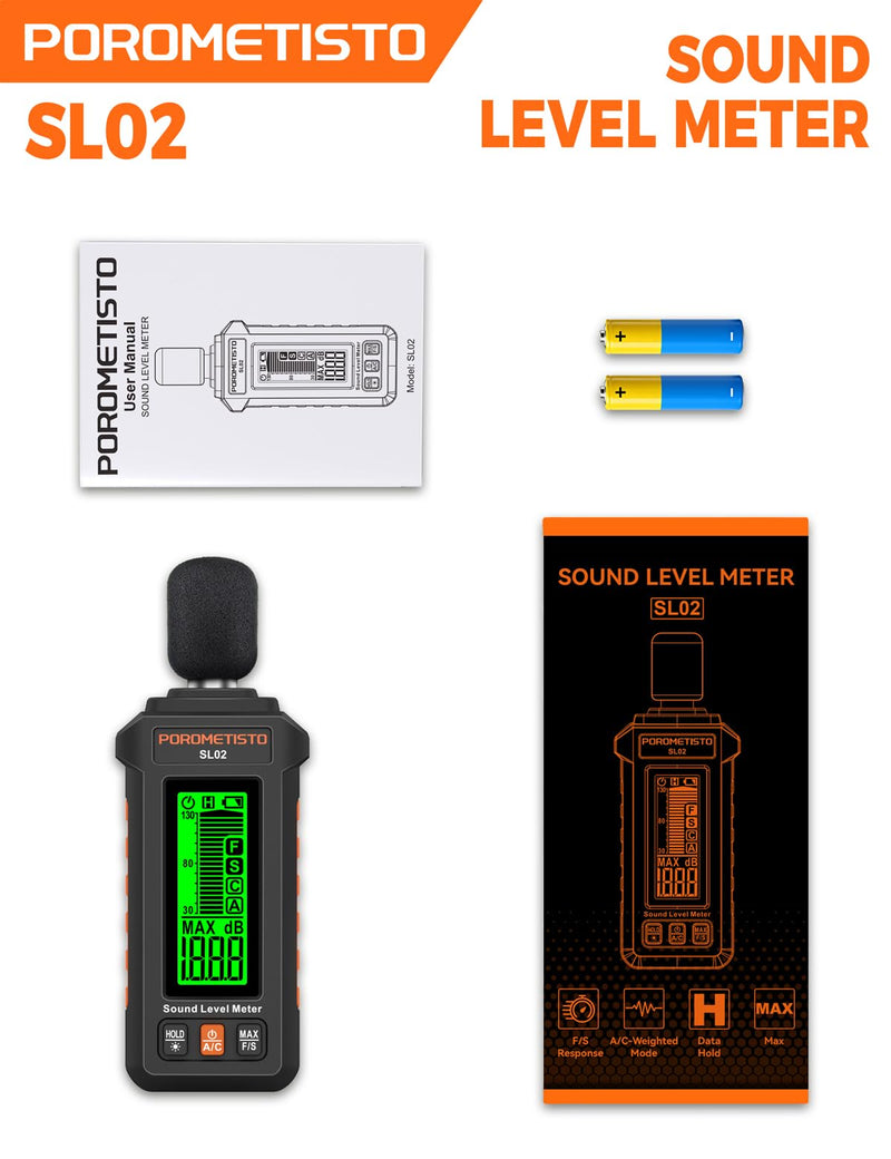 Sound Level Meter, POROMETISTO 30-130dB Noise Decibel Meter with A/C Weighted, ±1.5dB Accuracy, Data Hold, SPL Tester for Home, Factory, Office & Noisy Neighbors