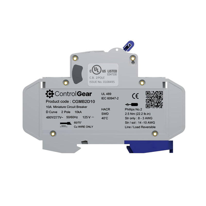Mini Circuit Breaker UL489 Listed 10A D Curve 480Y/277VAC 125VDC 10kAIC DIN Rail Mount Non Polarized MCB Branch Circuit Protection, ControlGear CGMB2D10 (2 Pole D Trip 10 Amp) 2Pole "D"trip 10 Amps