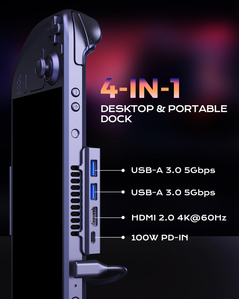 Steam Deck Dock for Steam Deck/OLED with Foldable Stand, HDMI 4K@60Hz, 2 USB A 3.0, 100W Max PD-in, Portable or Desktop Accessories, Perfectly Match The Heat Dissipation Holes USB3.0 Version