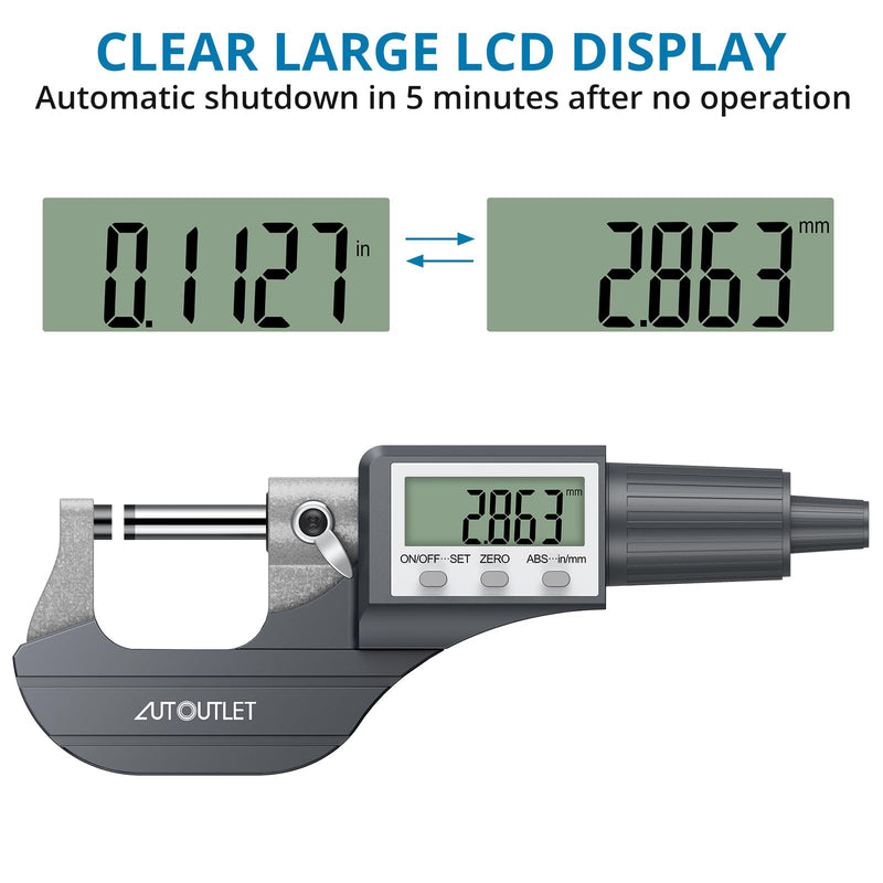 AUTOUTLET Digital Electronic Micrometer 0-25mm Outside Micrometer Precision Measurement Tool with LCD Display & Carry Case for Accurate Measurement Grey
