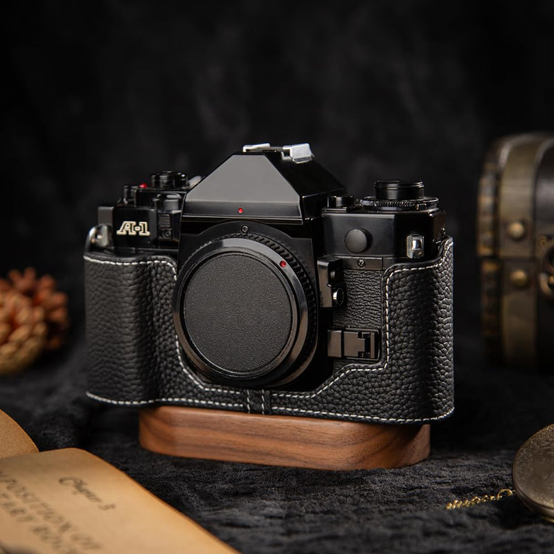 A1 Case New AE-1 case Handmade Genuine Leather Camera Protective Half Camera case, for Canon A-1 New AE-1 (Black-white line) Black-white line