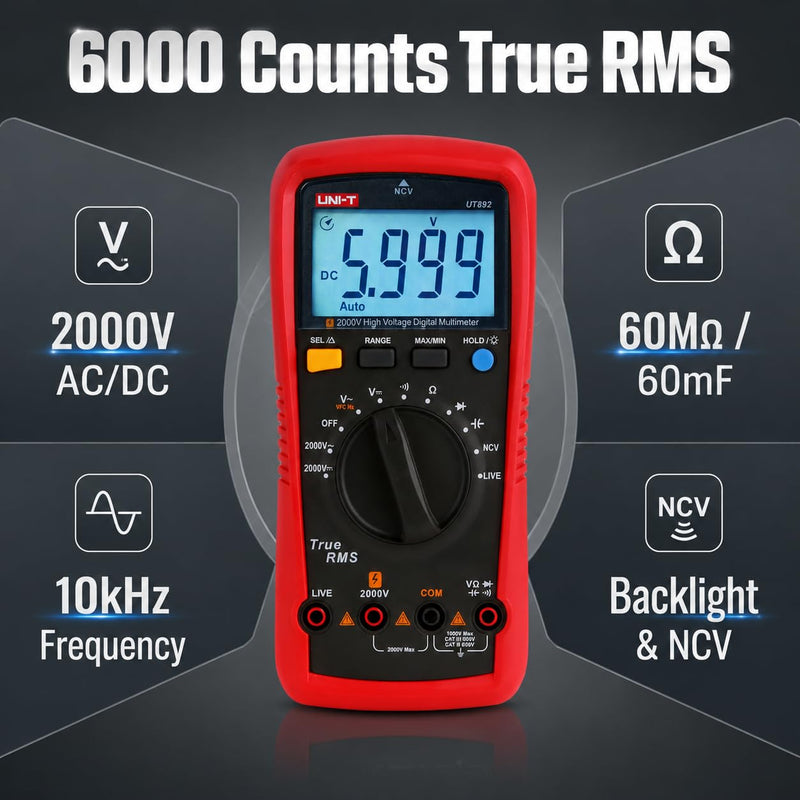 UNI-T UT892 2000V AC/DC High Voltage Digital Multimeter Features VFC Mode Built-in NCV 6000 Counts True RMS