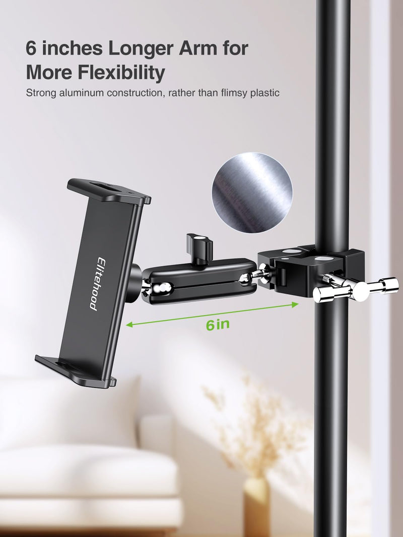 elitehood 2024 Newest Dual Ball Head Aluminum Tablet Holder for Mic Stand, Adjustable iPad Mic Stand Holder, Side Mount Microphone Music Stand Phone Holder Mount for iPad, iPhone, 4-13in Tablets 6in - Dual Ball Joint