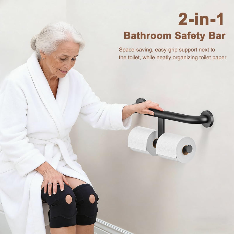 FANHAO Shower Grab Bar w/Double Toilet Paper Roll Holder 18 Inch, 2-in-1 Safety Assist Bar Balanced Support Handle, Stainless Steel Wall Mounted Bathroom Handicap Grab Bar for Senior Elderly Disabled