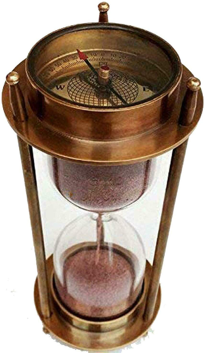 7 Nautical Brass Sand Timer Hourglass with Maritime Brass Compass Table Decorative by Hanzlacollection