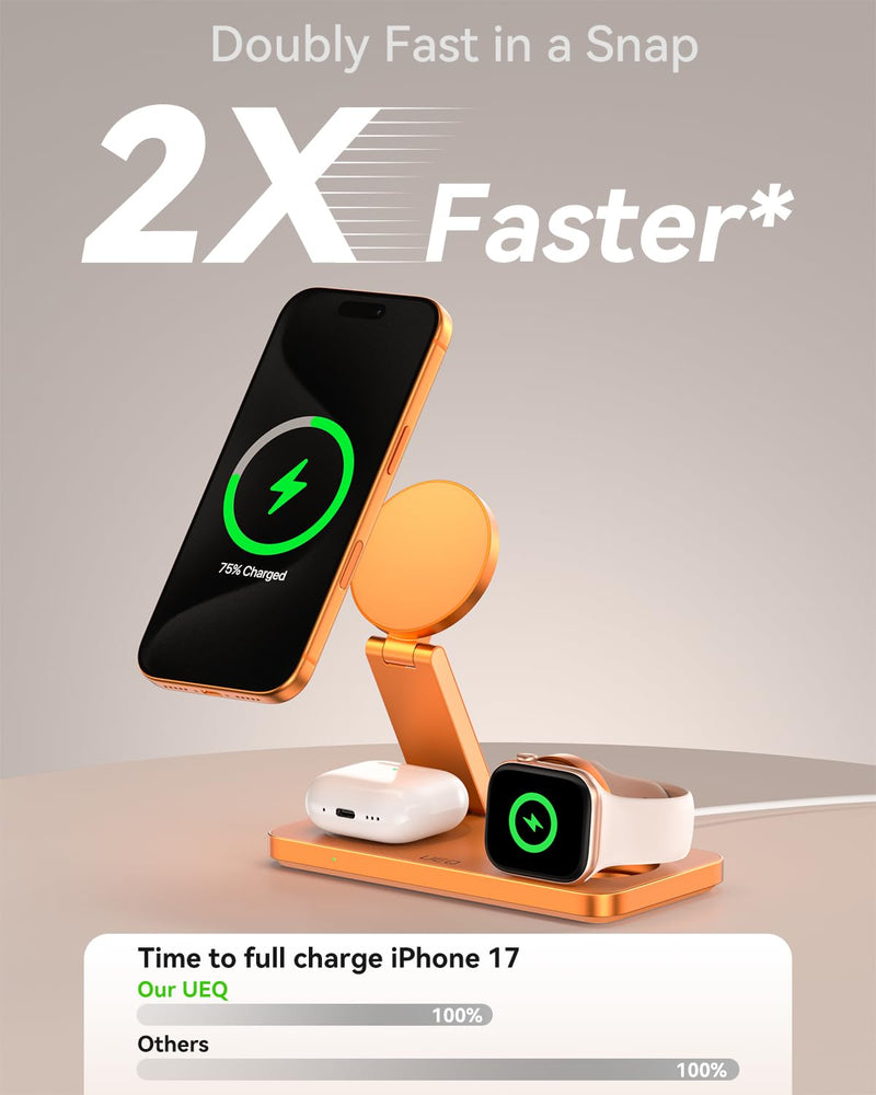 UEQ Foldable 3 in 1 Wireless Charging Station for Apple Mag Safe Charger Stand,Fast Magnetic Wireless Charger Station for iPhone 17 Air 16 15 14 13 12 Series,Airpods Pro,Apple Watch Ultra (Orange) Orange